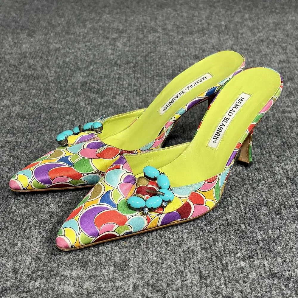 Manolo Blahnik Atomica Shoes Womens 5 Green Blue Printed Silk Mules Heels Italy